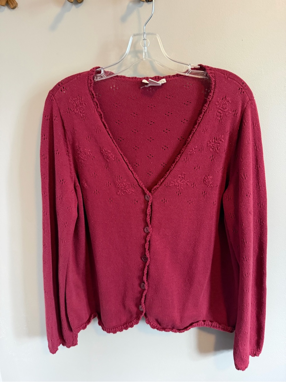 NORTHERN REFLECTIONS Vintage Wine Red Pointelle Cardigan L